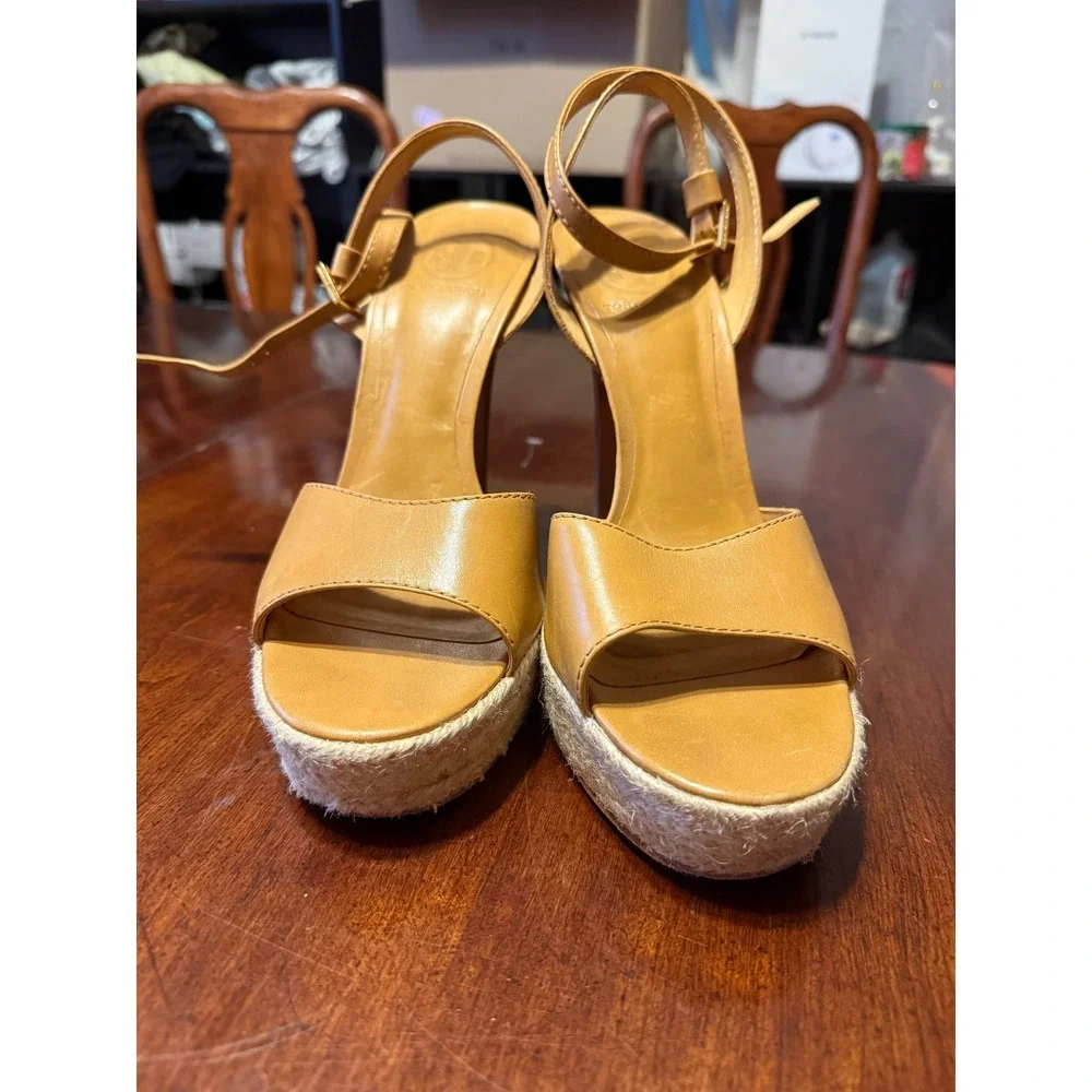 Tory Burch Tan Leather Espadrille Platform Ankle Strap Stiletto Sandals 9.5M